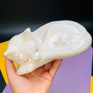 Vintage 80s White Pearlescent Ceramic Sleeping Cat Figurine - Oil Spill Glaze